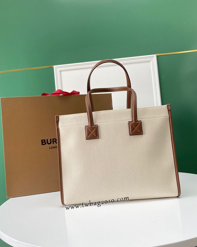 Burberry專門店新款手提女包購物袋 巴寶莉中號雙色帆布拼皮皮革Freya義大利精製托特包 yxb1288